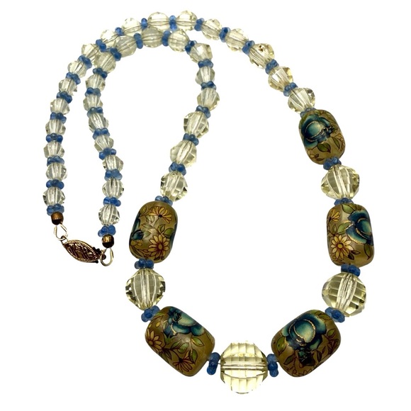 Vintage Hand-Painted Art Glass Necklace w/ 14K Gold Clasp-Length 19”